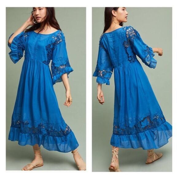 Akemi + Kin Anthropologie Blue Eyelet Meadow Midi Dress - Picture 1 of 6